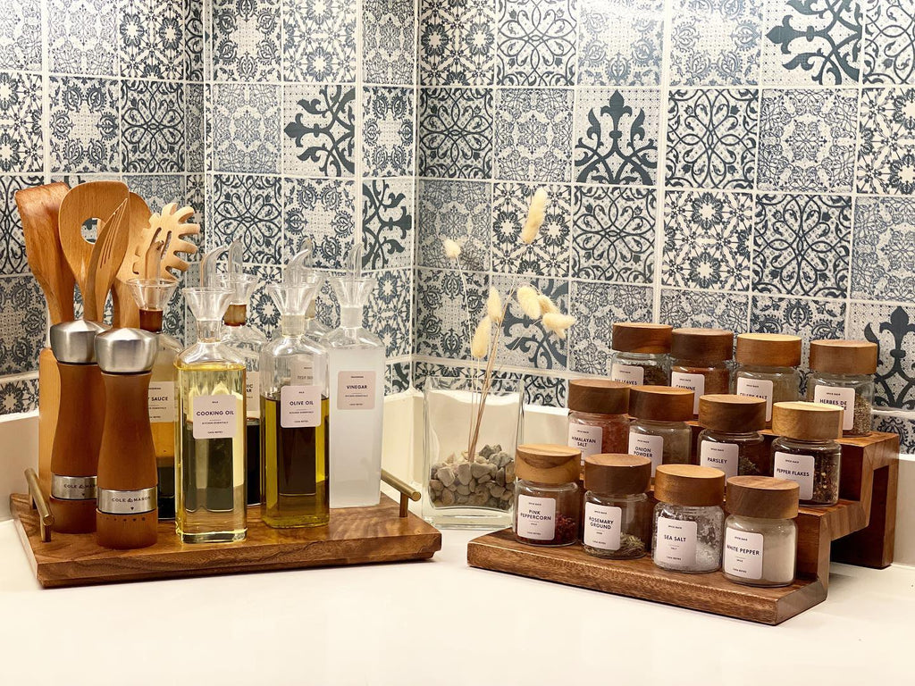 Issa's Kitchen Counter with Mayfair & Co. Oil & Sauce cruets, Spice Jars and Step Shelf riser