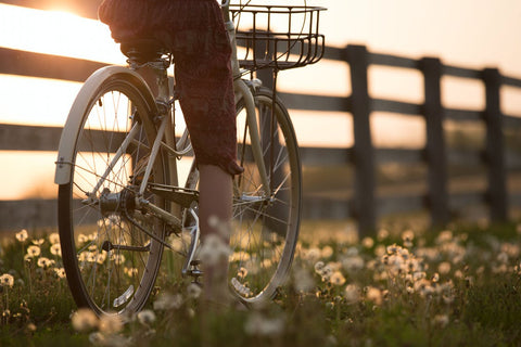 person rides bicycle along path at sunset