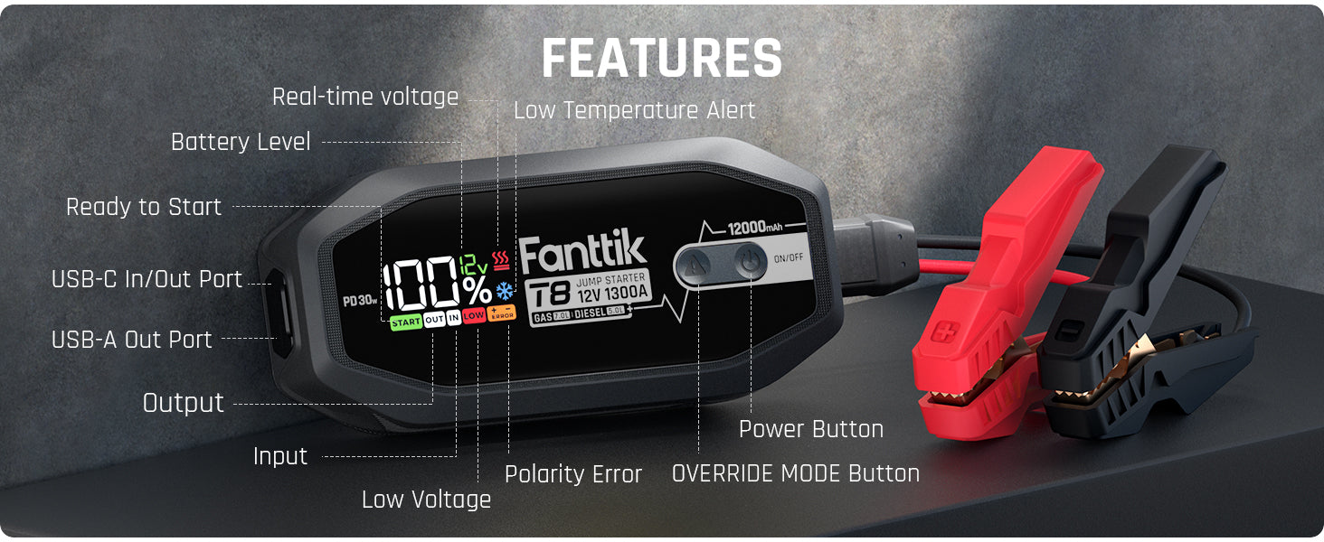 Fanttik T8 Jump Starter features 3.0 inches smart screen