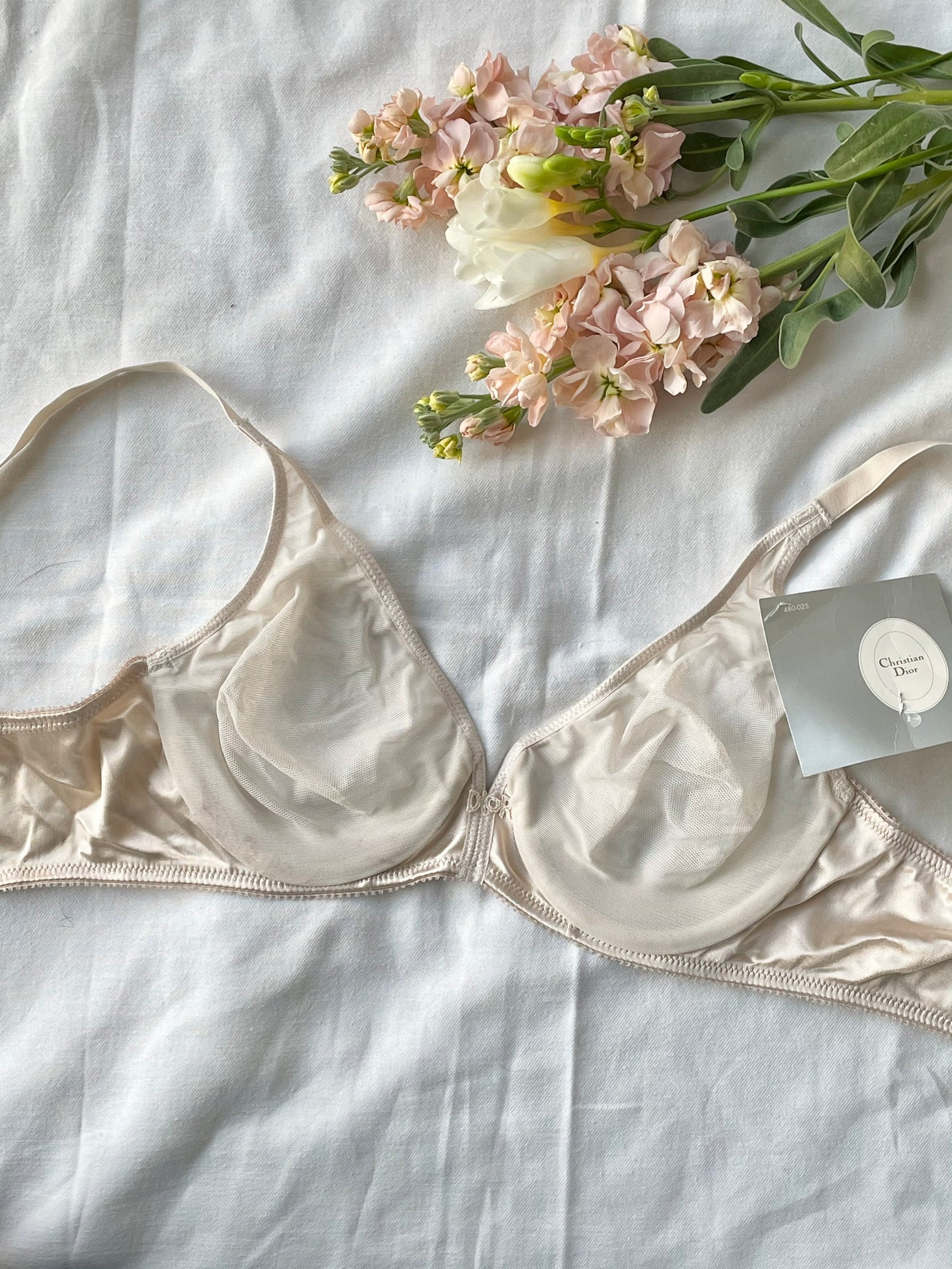Ivory & Pink Lace And Velvet Trim Longline Bra By Christian Dior