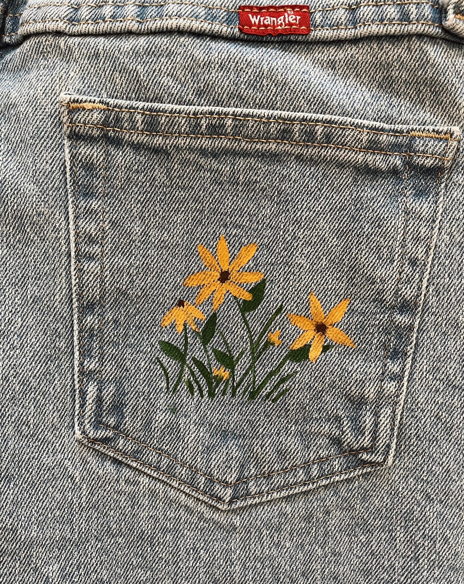 Hand Painted Yellow Flowers Jeans - Size 30x30 – The California Cowgirls