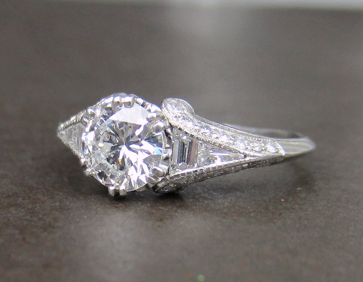 SOLD--Gorgeous Art Deco .80ct Round Brilliant Engagement Ring Platinum ...