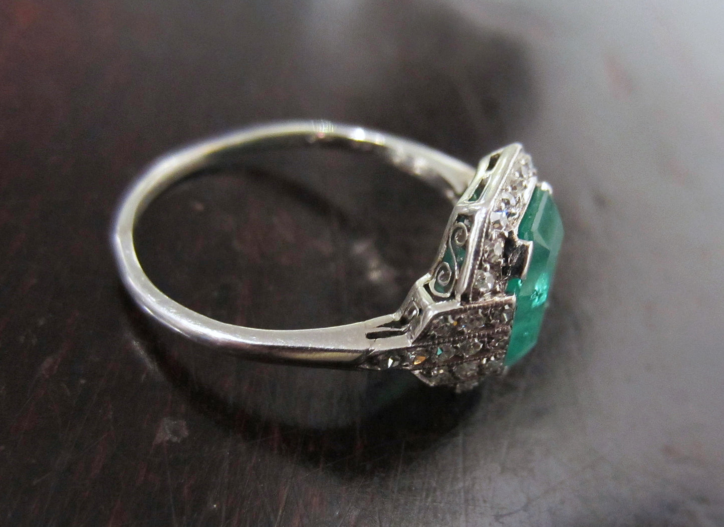 SOLD--Perfection: Art Deco Emerald and Diamond Ring Platinum, Sweden c. 1930
