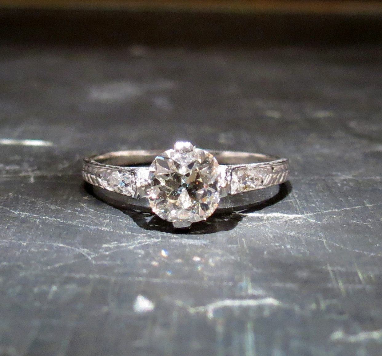 SOLD--Art Deco Old Mine Diamond 1.03ct Engagement Ring 18k c. 1920