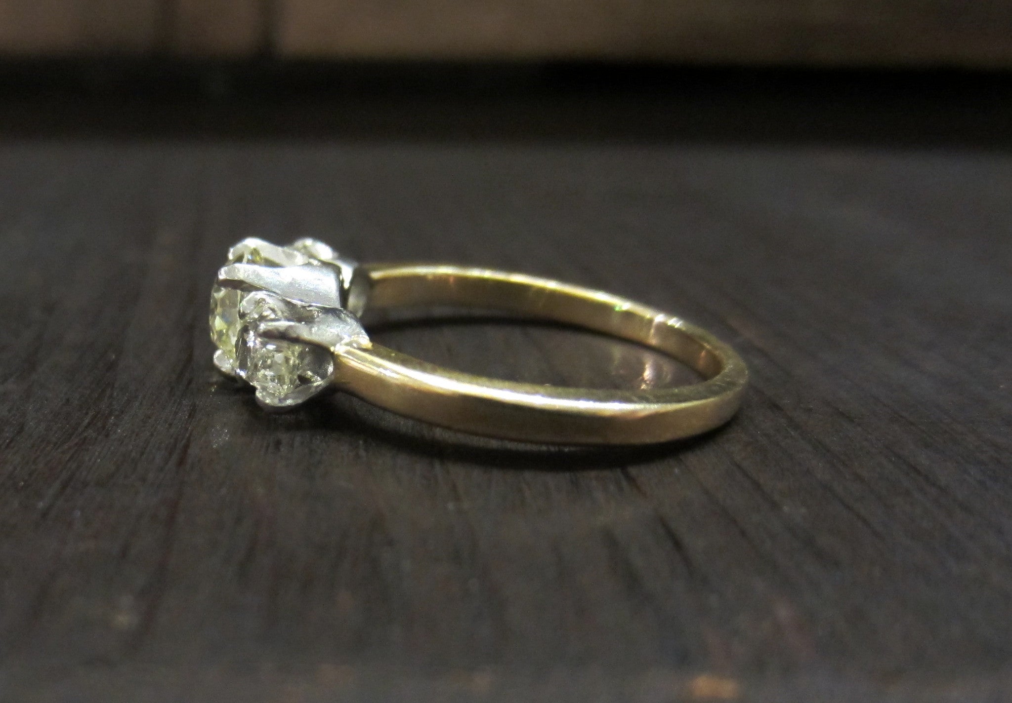 SOLD--Edwardian Old Mine Diamond Three Stone Trilogy Ring 14k c. 1900