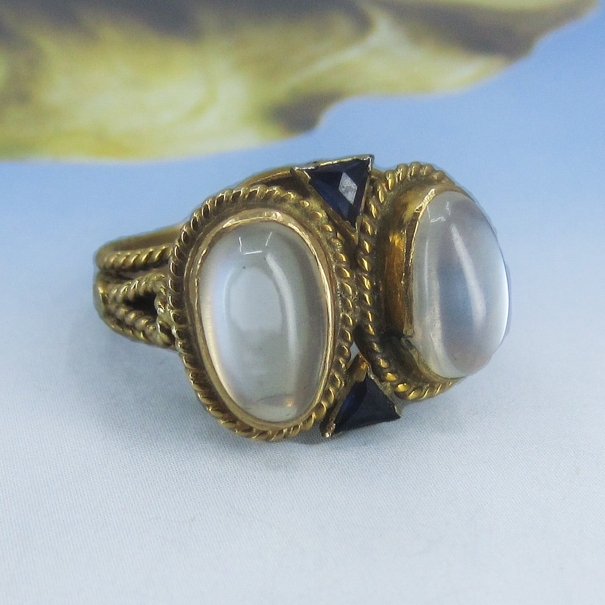 SOLD—MidCentury Moonstone and Sapphire Cocktail Ring 14k c. 1960