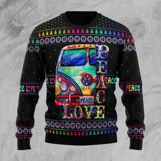 Unifinz Hippie Sweater Peace Love Painting Hippie Van Peace Sign Pattern Black Ugly Sweater 2022