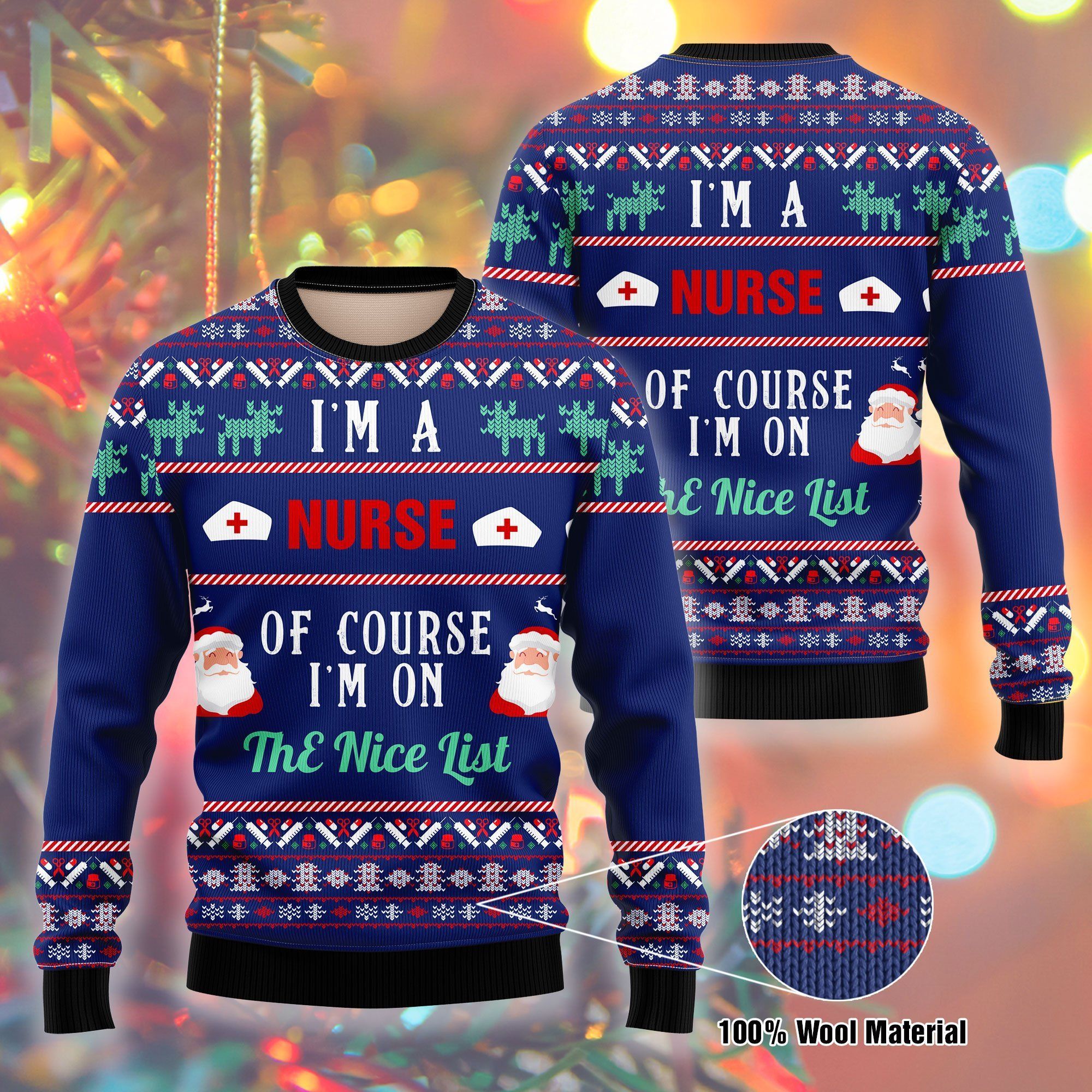 Unifinz Nurse Christmas Sweater I Am A Nurse Of Course I'm On The Nice List Blue Ugly Sweater 2022