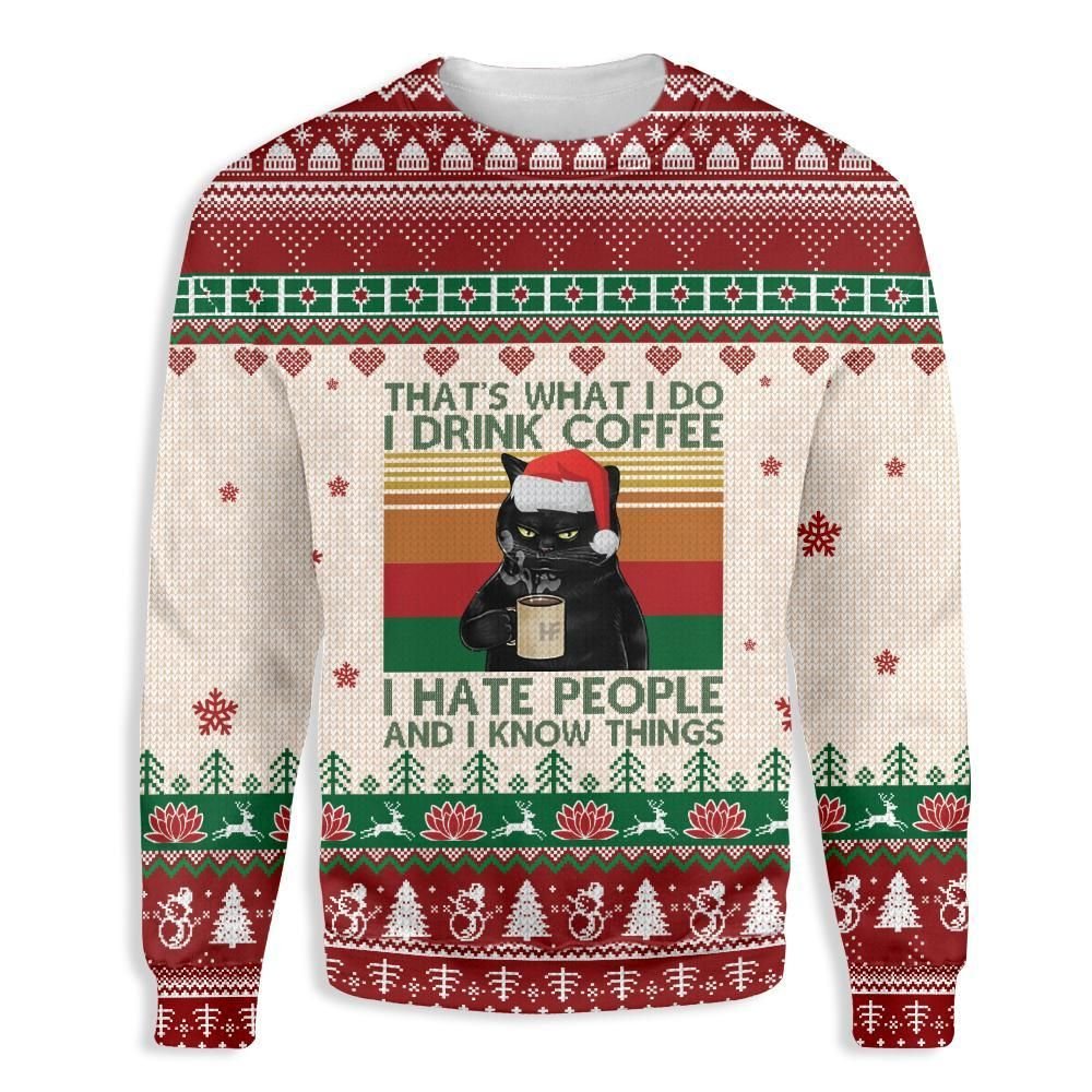 Unifinz Cat Christmas Sweater Cat That's What I Do I Drink Coffee I Hate People And I Know Things Red White Ugly Sweater 2022