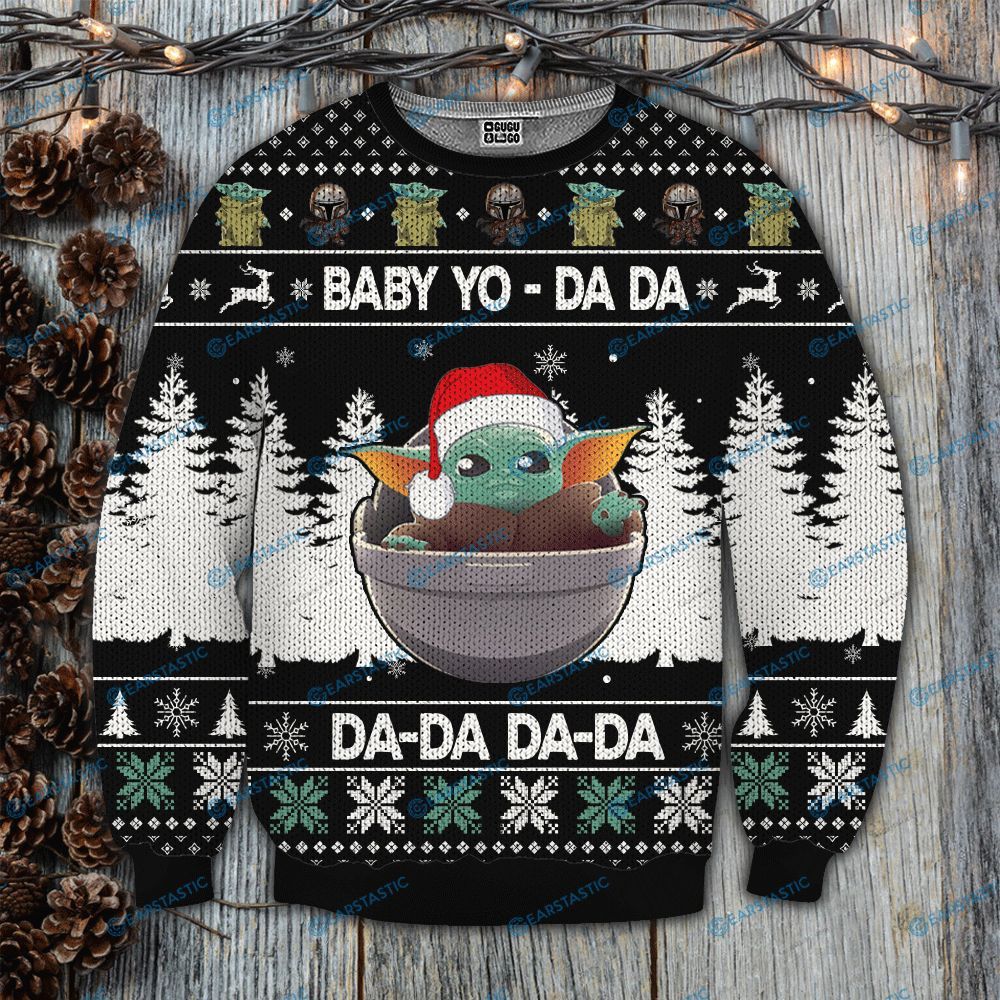 Unifinz SW Ugly Sweater Baby Yo Da Da Da Da Grogu Christmas Black Sweater 2022