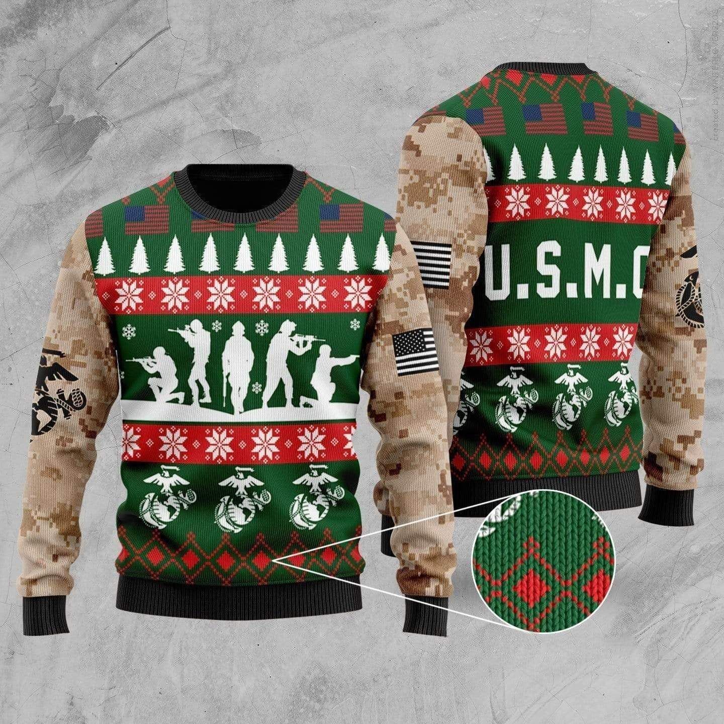 Unifinz Veteran Sweater United States Marine Corps Camo Green Veteran Christmas Ugly Sweater 2022