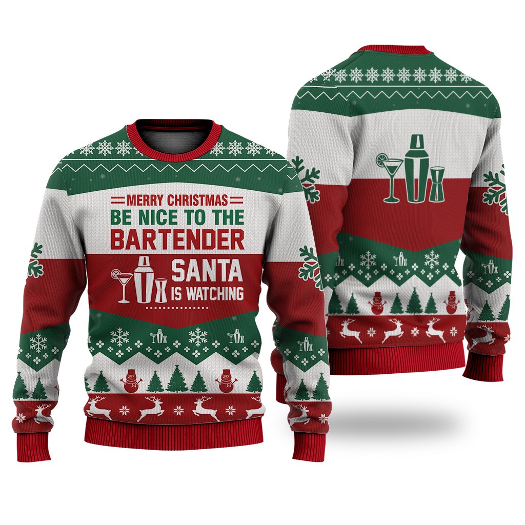 Unifinz Bartender Christmas Ugly Sweater Merry Christmas Be Nice To The Bartender Red Green White Sweater 2022