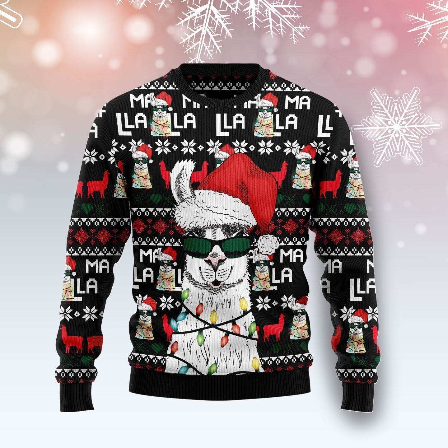 Unifinz Llama Christmas Ugly Sweater Cool Llama With Sunglasses Christmas Hat Light Black Sweater 2022