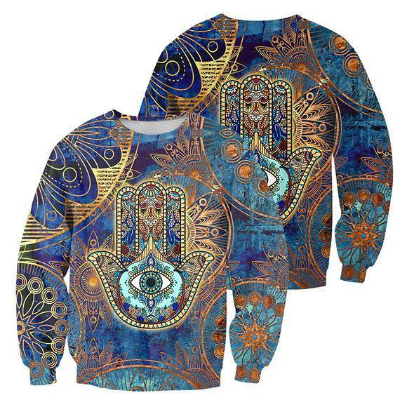 Unifinz Hippie Hoodie The Hand The Eye Mandala Pattern Blue Sweatshirt Hoodie Adult 2022