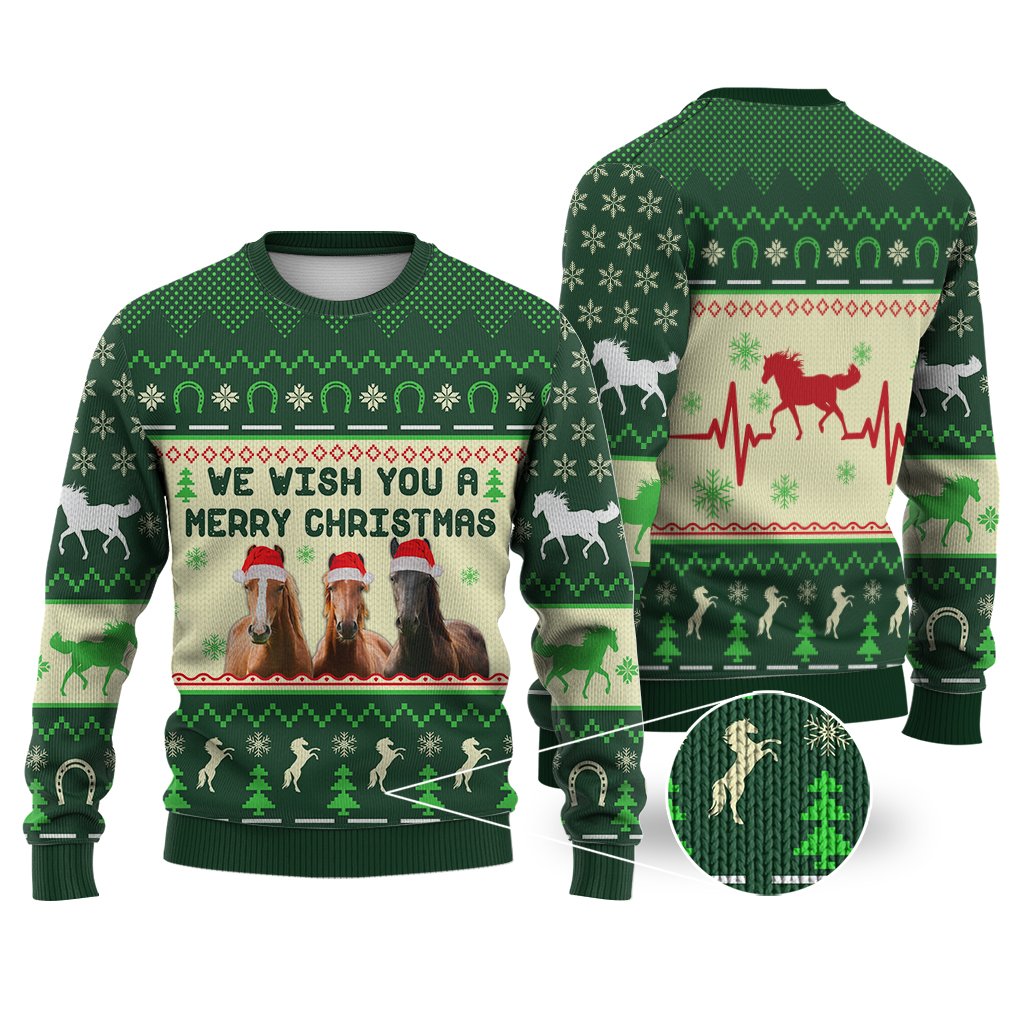 Unifinz Horse Christmas Ugly Sweater We Wish You A Merry Christmas Three Horses Green Sweater 2022