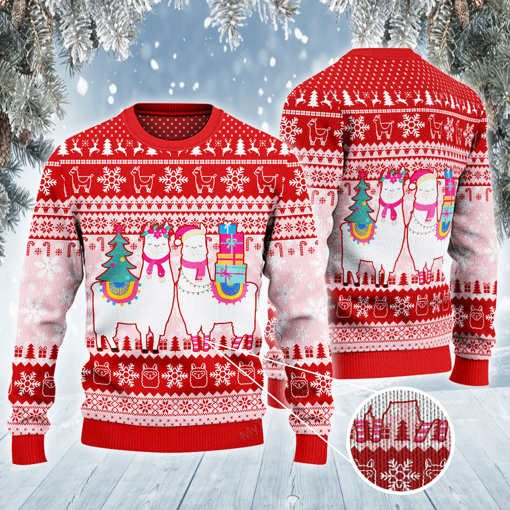 Unifinz Llama Christmas Ugly Sweater Two Llama With Christmas Tree And Presents Red White Sweater 2022