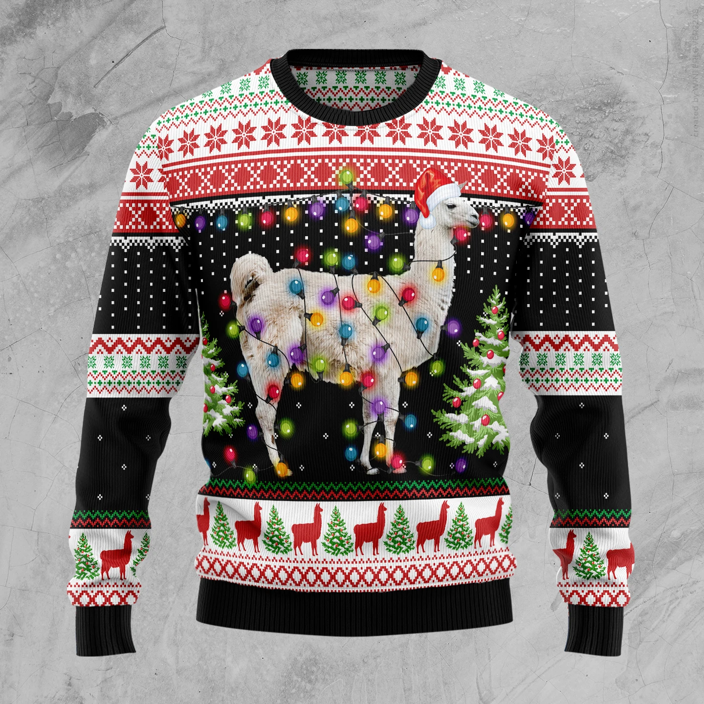 Unifinz Llama Christmas Ugly Sweater Llama With Christmas Light Bulds Black White Red Sweater 2022