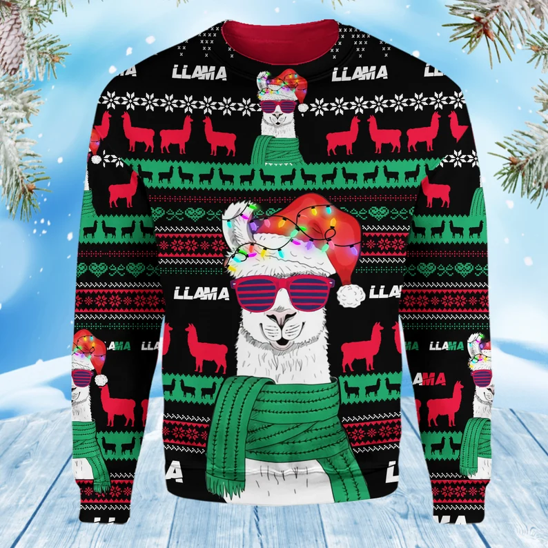 Unifinz Llama Christmas Ugly Sweater Cool Llama With Sunglasses And Scarf Black Green Christmas Sweater 2022