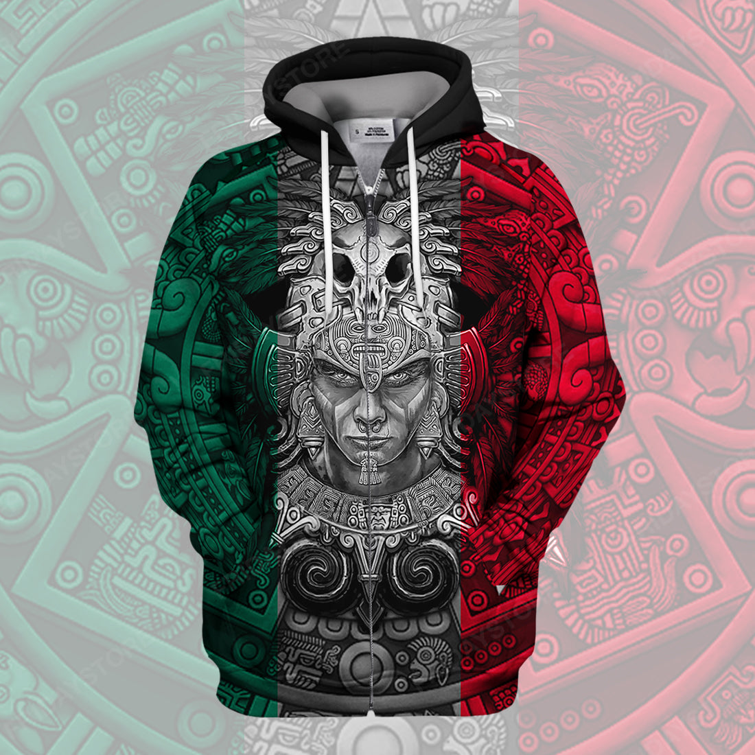 Unifinz Mexican T-shirt Mexican Flag Aztec Warrior T-shirt Mexican Hoo