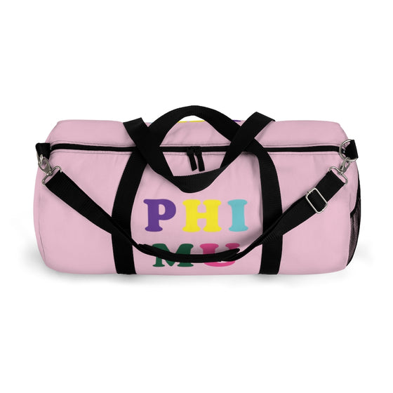 Phi Mu Rainbow Letters Duffel Bag in 2 sizes
