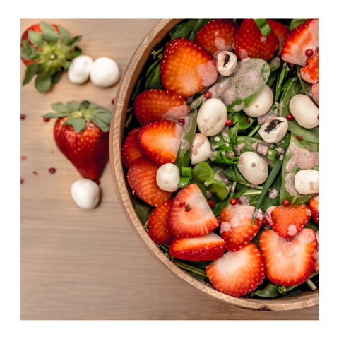 Summer salad, strawberries, spinach, cherries in yogurt, Cherry Crunch vinaigrette