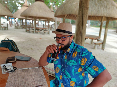 Tusok Best seller Blue Pineapple Vacation Shirt worn by customer in Mauritius