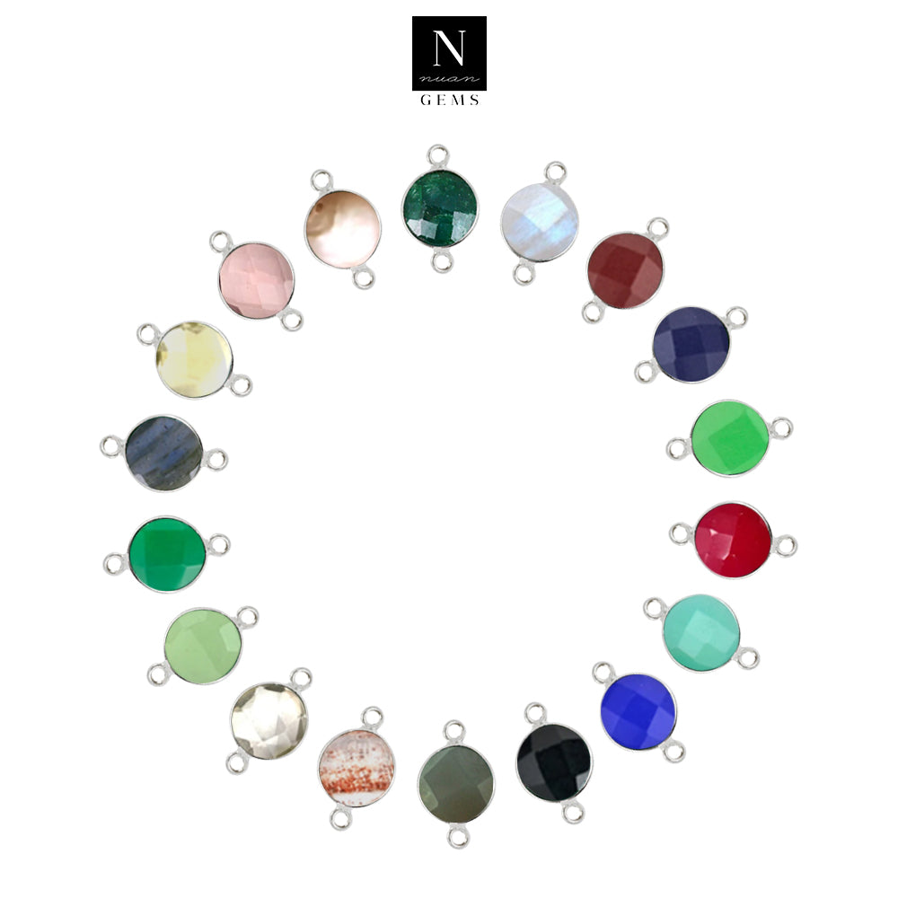 10pc Set Round Custom Stone Double Birthstone Double Bail Silver Plated Bezel Link Gemstone Connectors 8mm