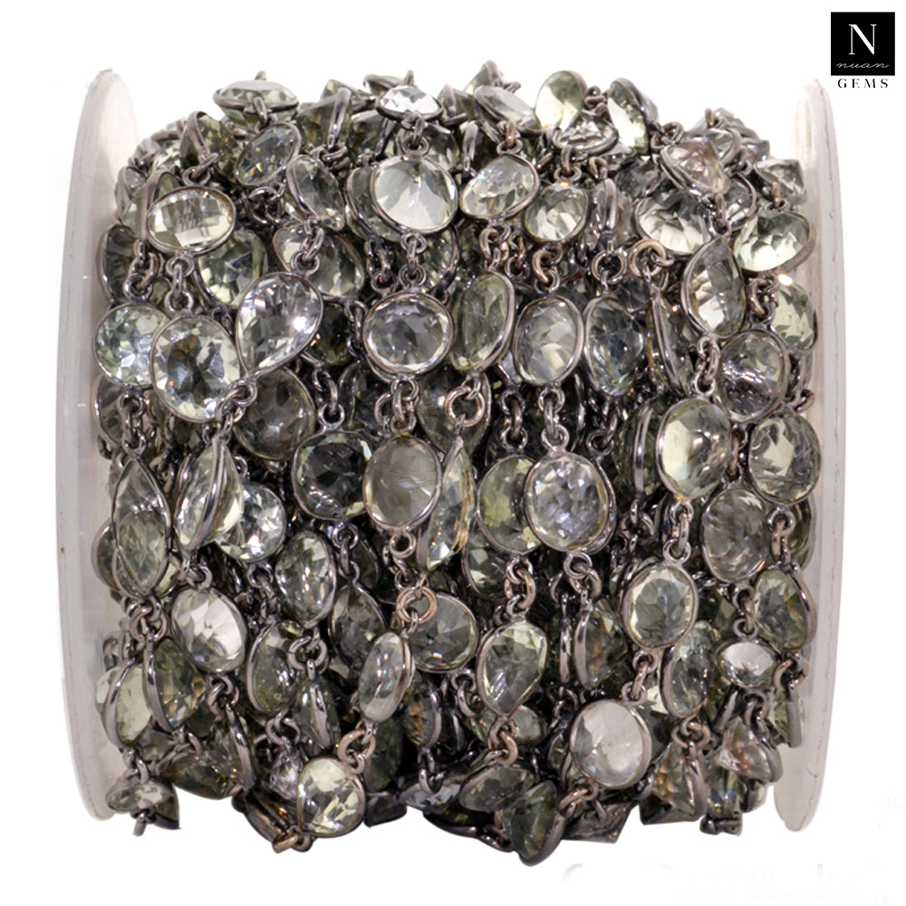Green Amethyst 10mm Mix Faceted Shape Oxidized Bezel Continuous Connector Chain