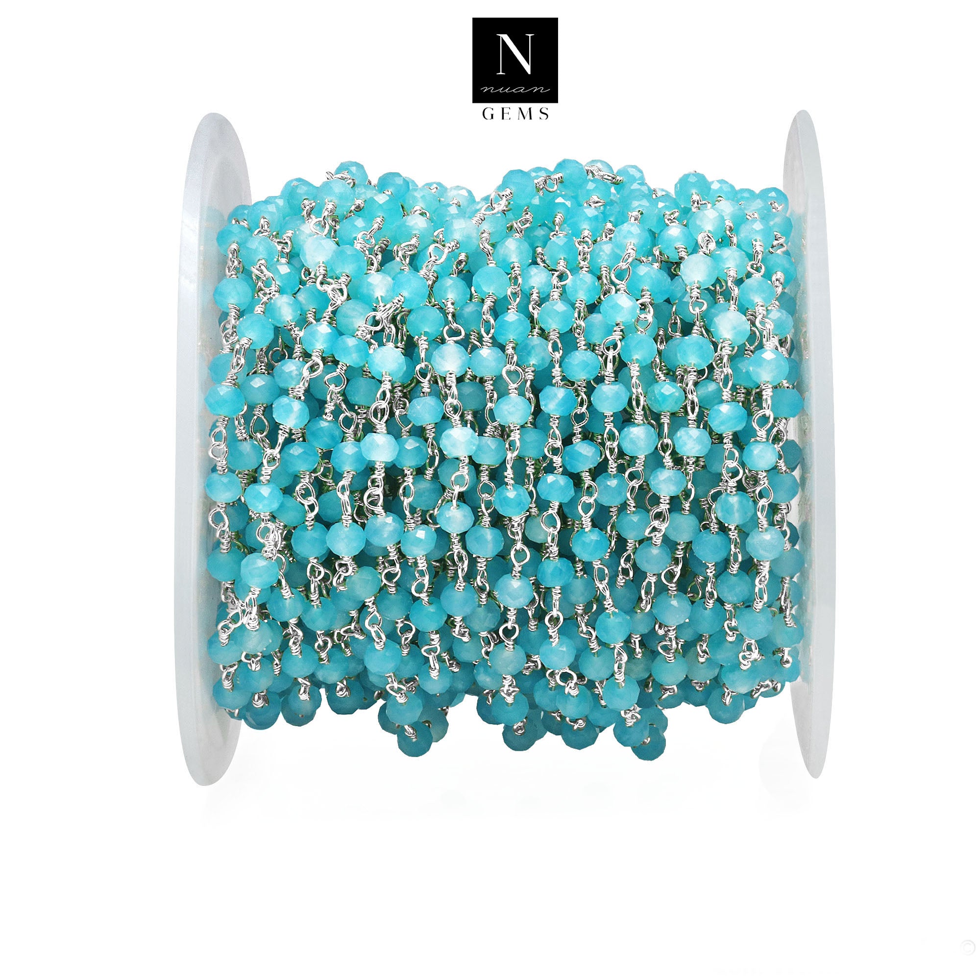 Aqua Jade Faceted Bead Rosary Chain 3-3.5mm Silver Plated Bead Rosary 5FT