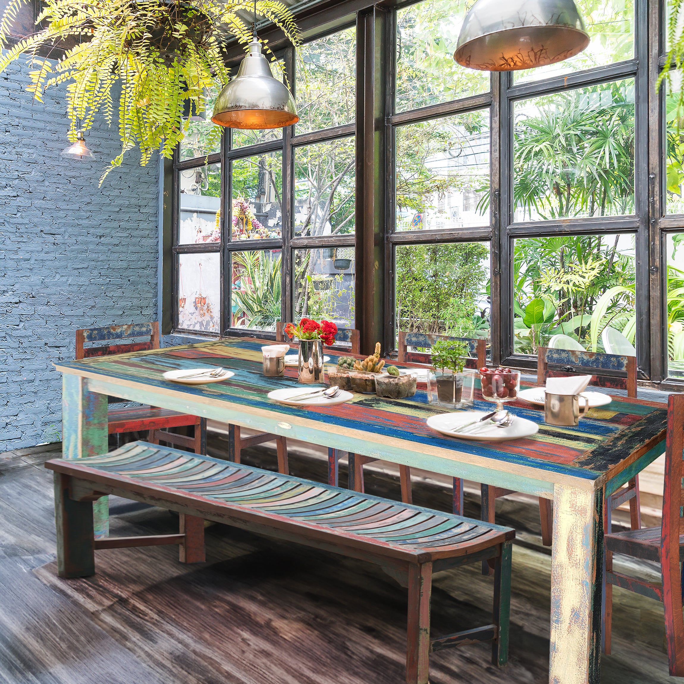 Marina del Rey Rectangular Dining Table Made From Recycled Teak Wood Boats, 87 x 43 Inches - Chic Teak