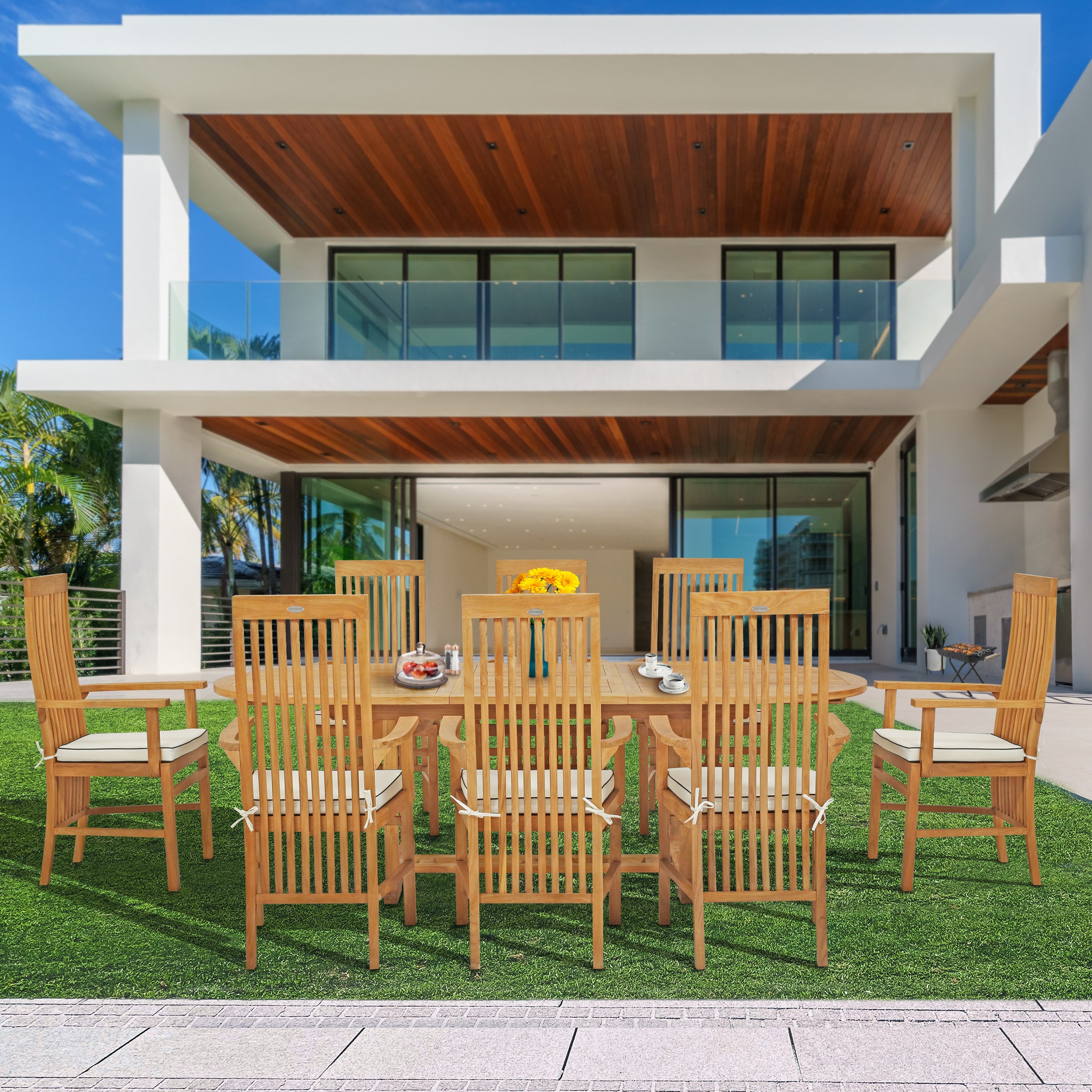 9 Piece Teak Wood West Palm Outdoor Patio Dining Set including Oval Extension Table & 8 Arm Chairs - Chic Teak Canada