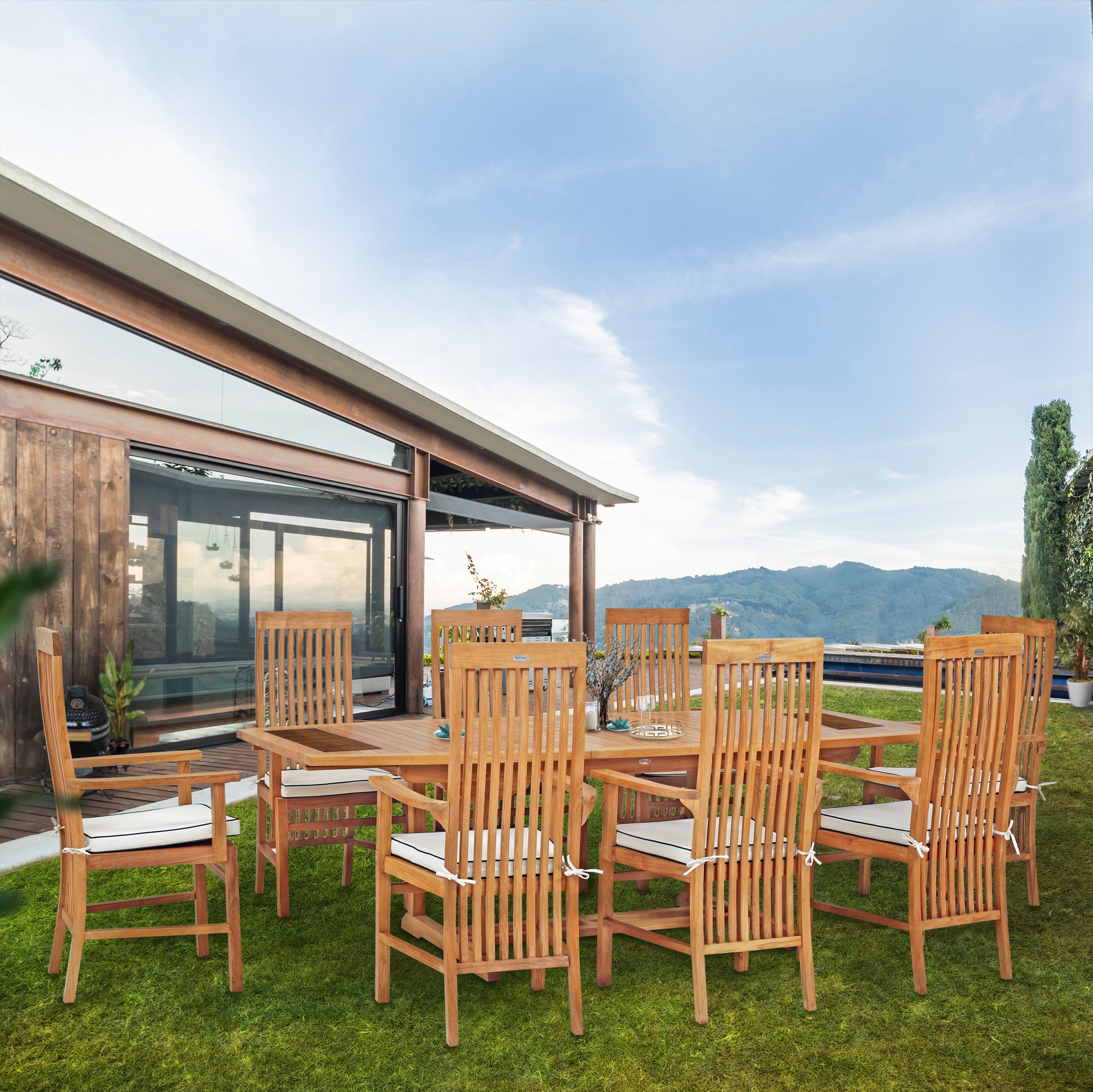 9 Piece Teak Wood West Palm Outdoor Patio Dining Set including Semi-Oval Extension Table & 8 Arm Chairs - Chic Teak Canada