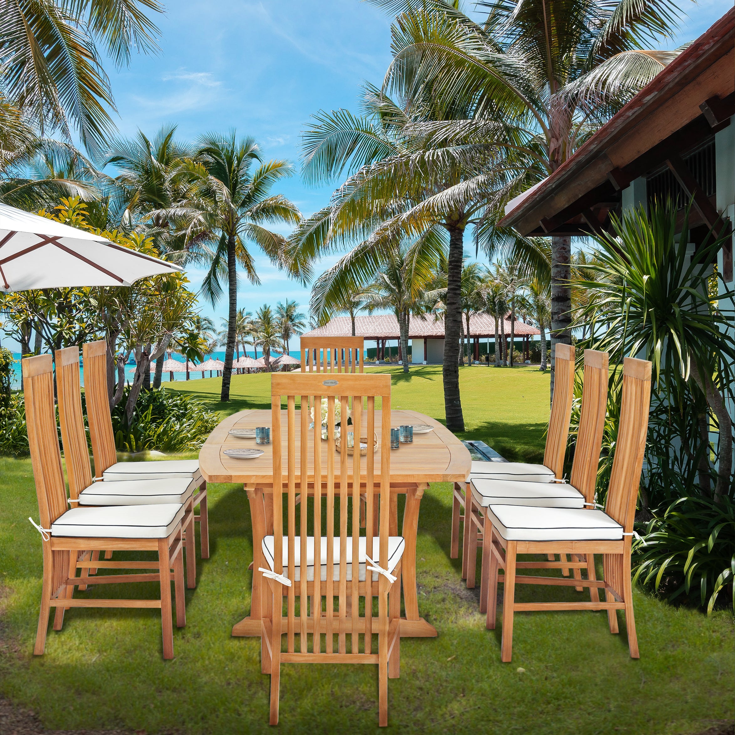 9 Piece Teak Wood West Palm Outdoor Patio Dining Set including Semi-Oval Extension Table & 8 Side Chairs - Chic Teak Canada