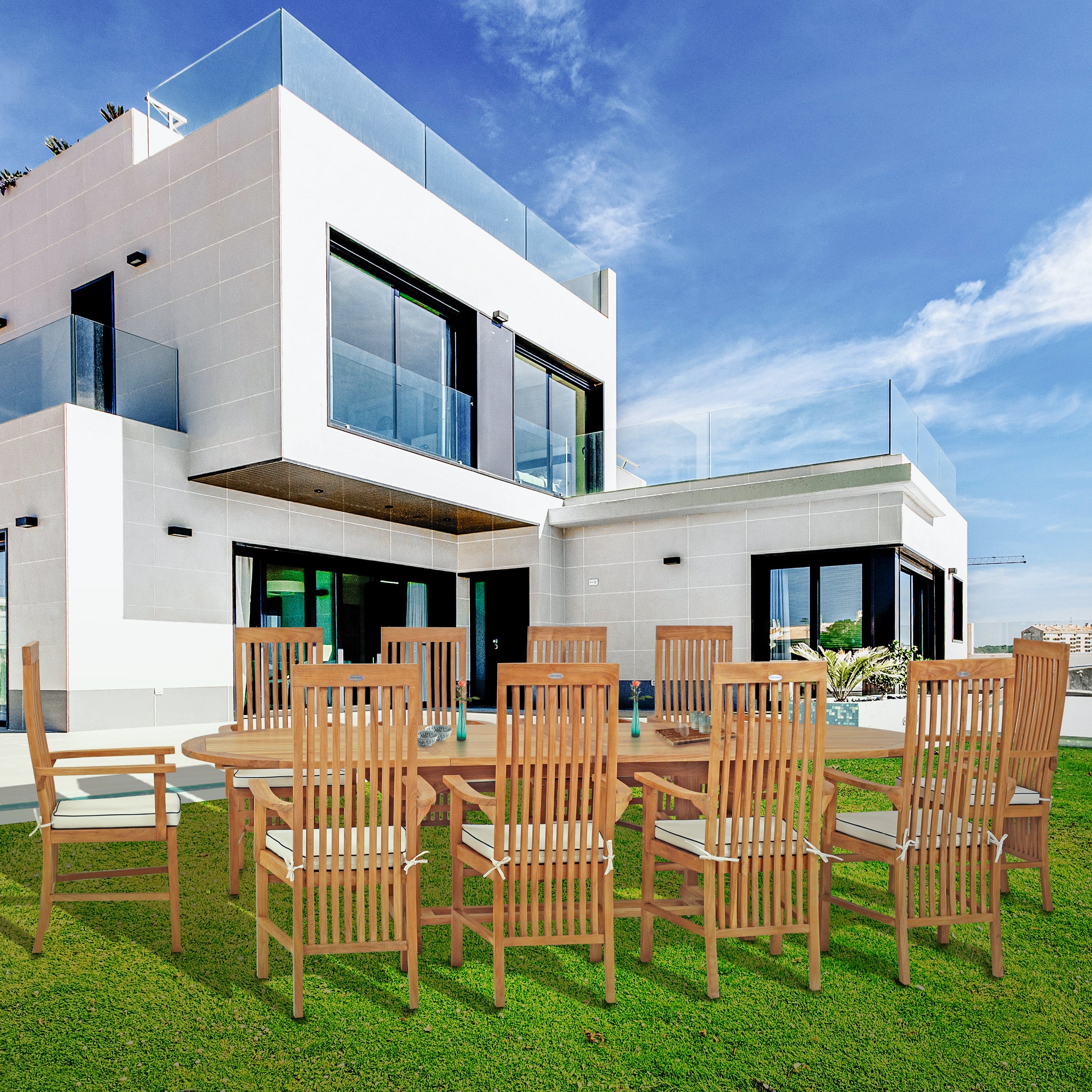 11 Piece Teak Wood West Palm Patio Dining Set including Oval Double Extension Table & 10 Arm Chairs - Chic Teak Canada