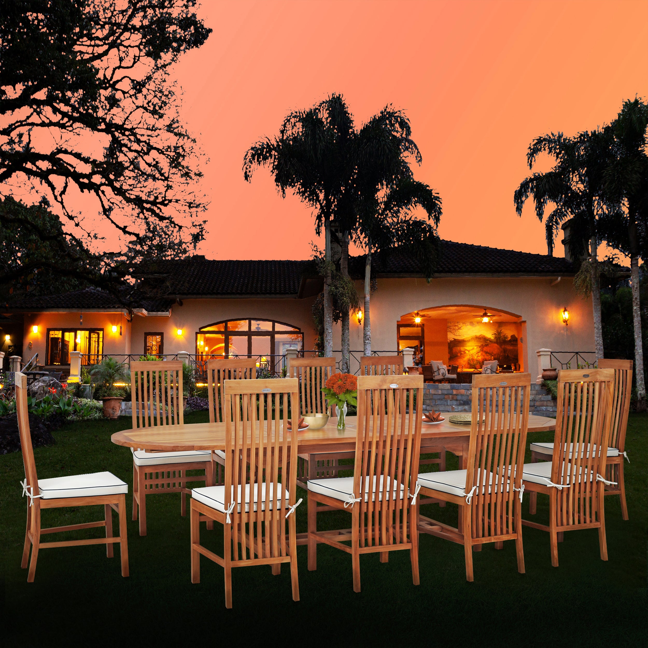 11 Piece Teak Wood West Palm Patio Dining Set including Oval Double Extension Table & 10 Side Chairs - Chic Teak Canada