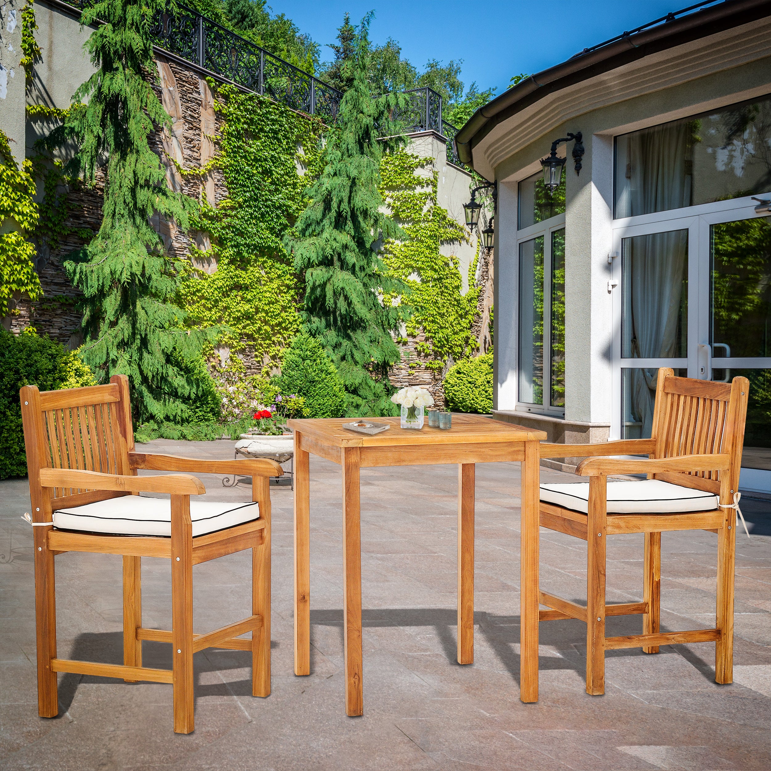 3 Piece Teak Wood Elzas Intimate Bistro Counter Set Including 27