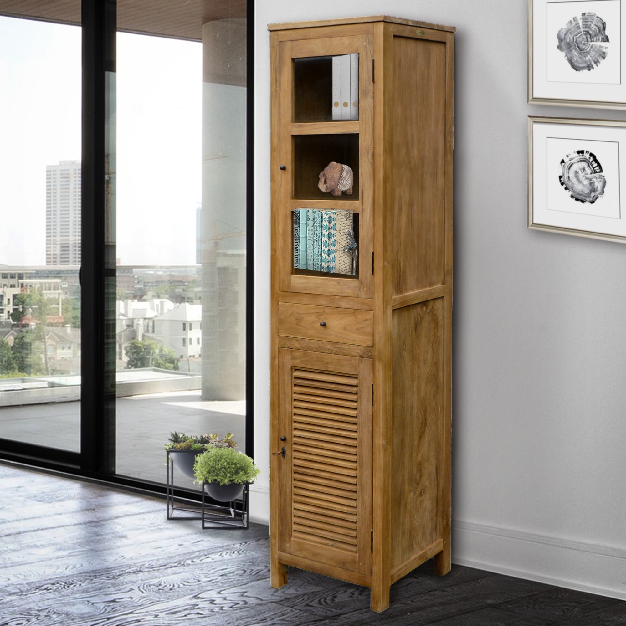 Recycled Teak Wood Lumbrera Vertical Bathroom Linen Cabinet with 1