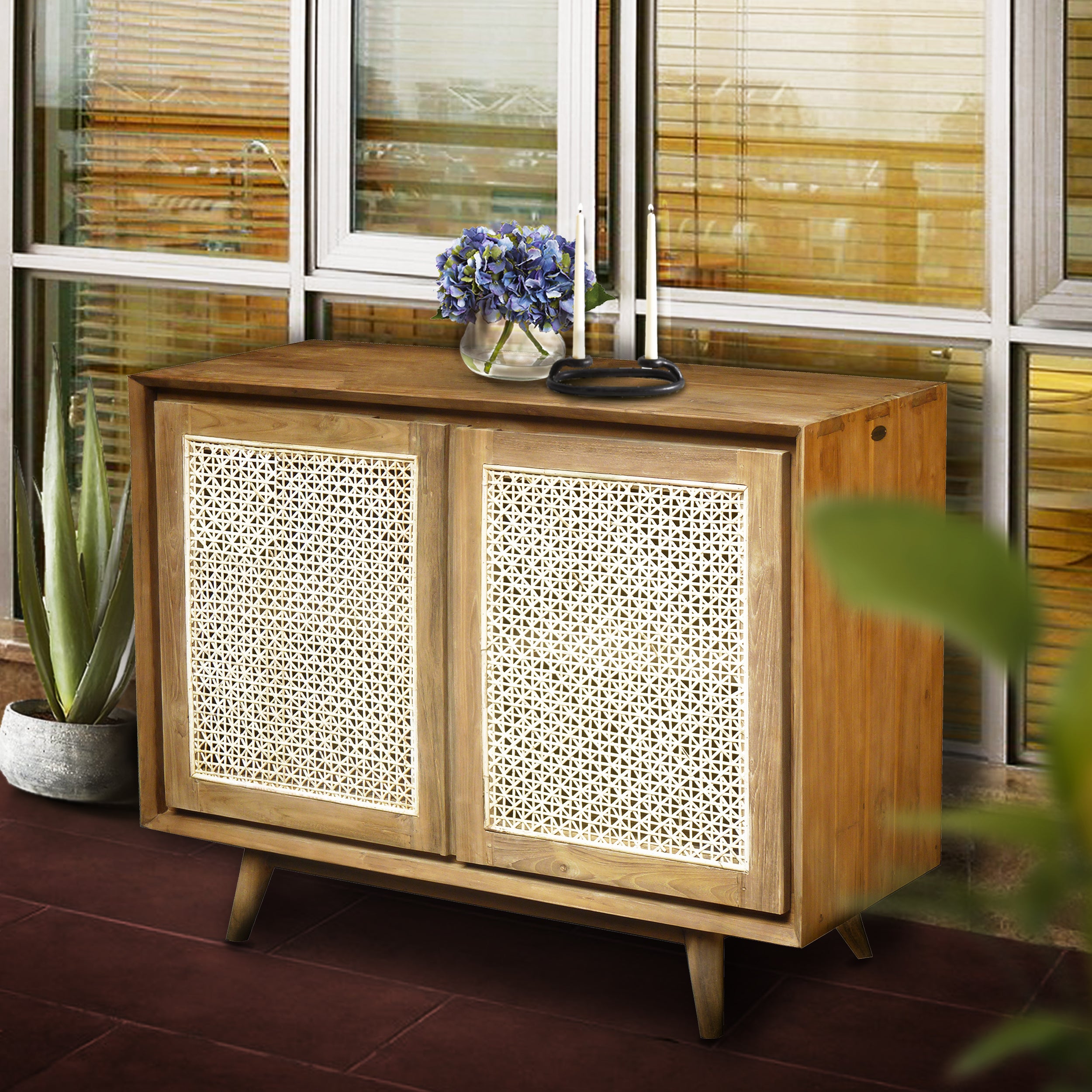 Recycled Teak Wood West Indies Cane Chest with 2 Doors - Chic Teak Canada