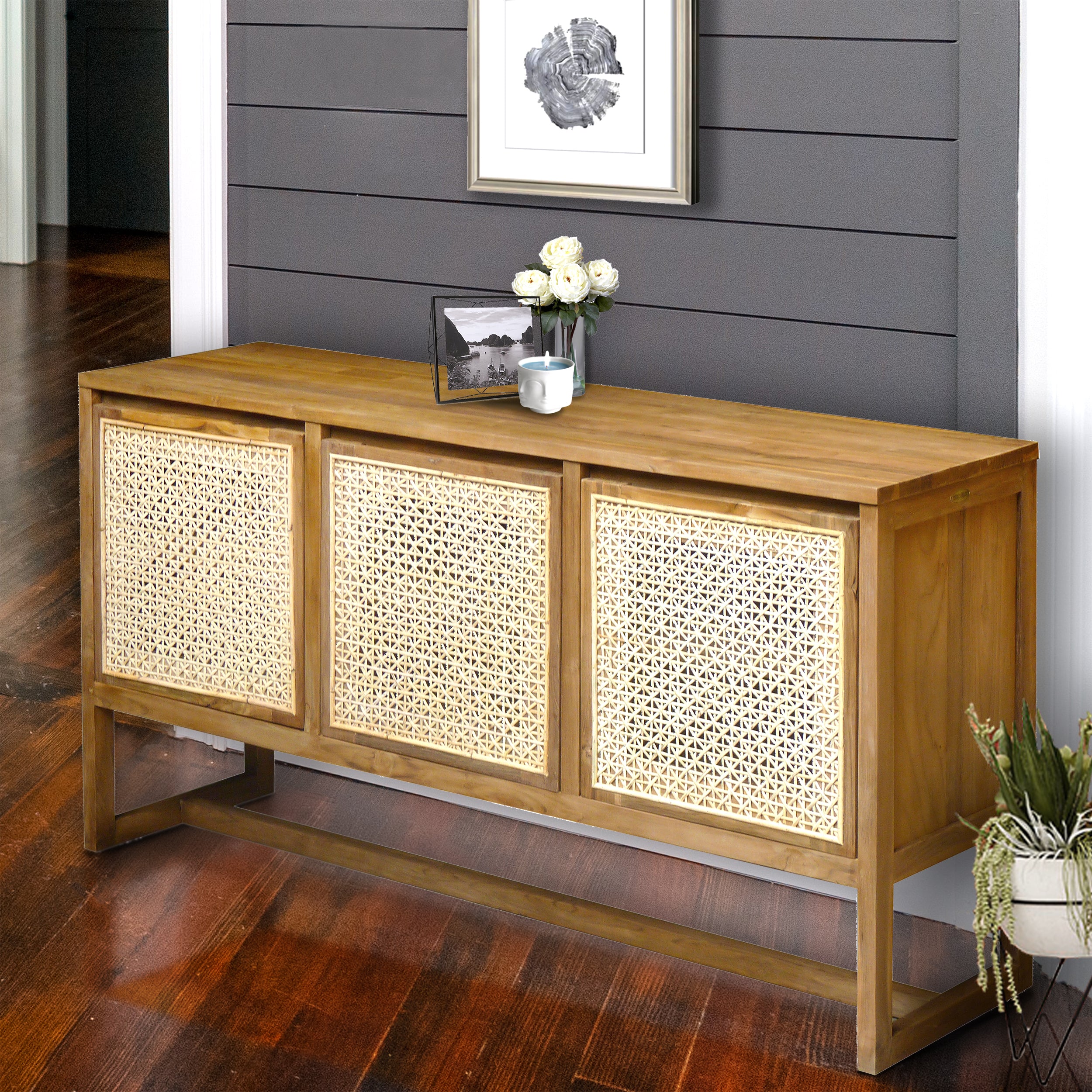 Recycled Teak Wood West Indies Cane Buffet with 3 Doors - Chic Teak Canada