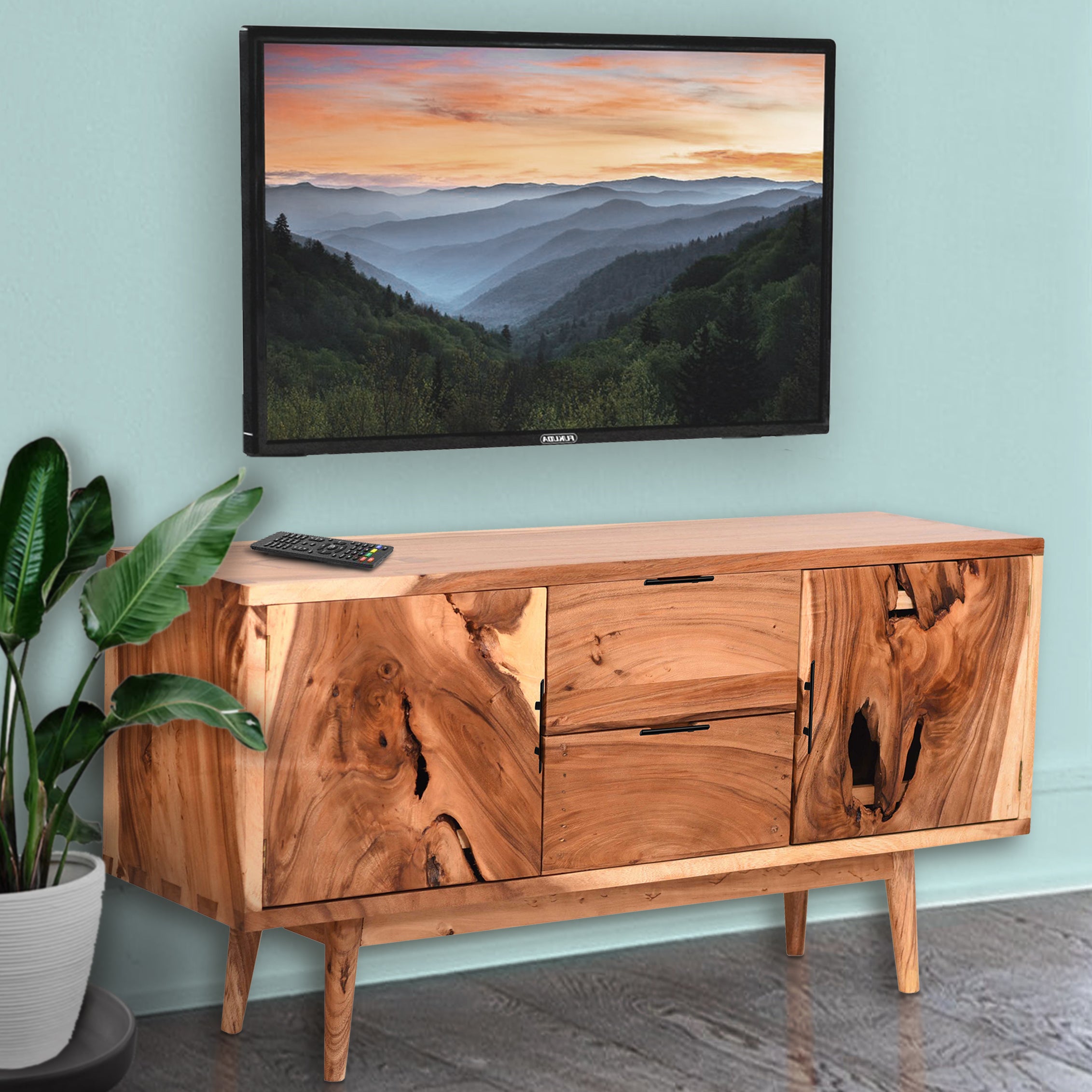 Roma Live Edge Suar Wood Cabinet with 2 doors/2 drawers - Chic Teak Canada
