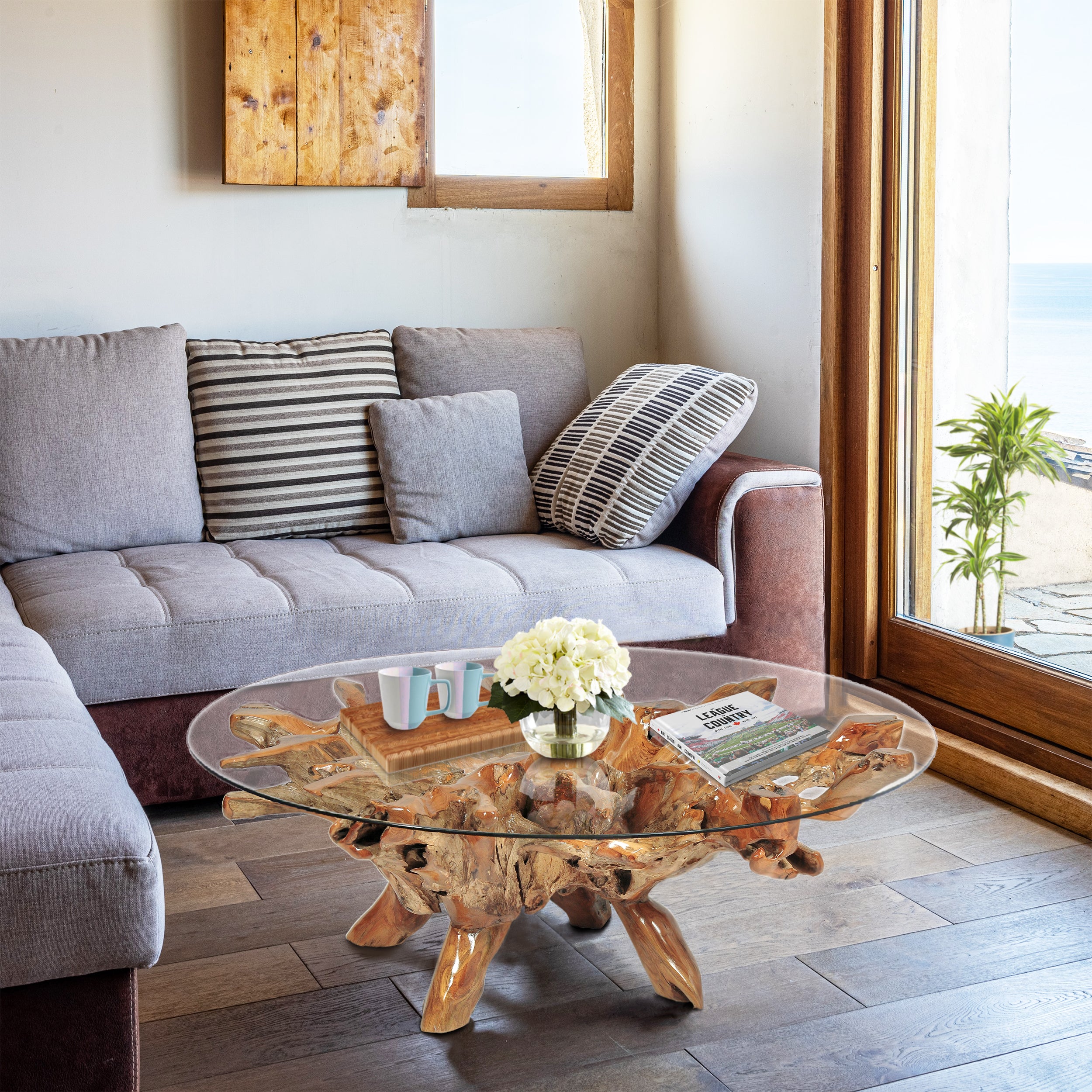 Teak Wood Root Coffee Table Including 55 Inch Round Glass Top - Chic Teak