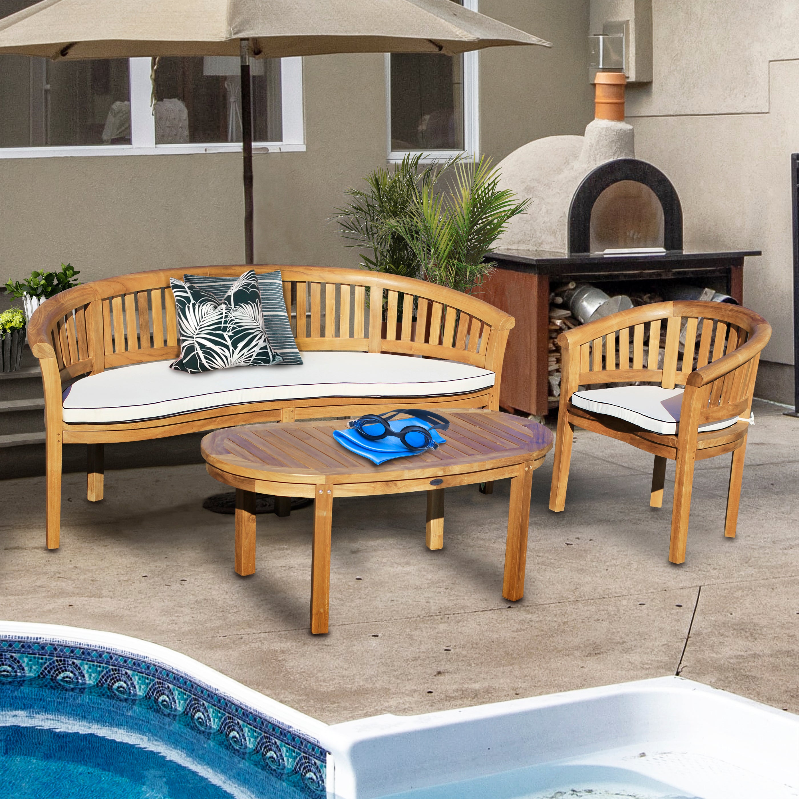 3 Piece Teak Wood Peanut Patio Lounge Set, Triple Bench, Chair & Coffee Table - Chic Teak