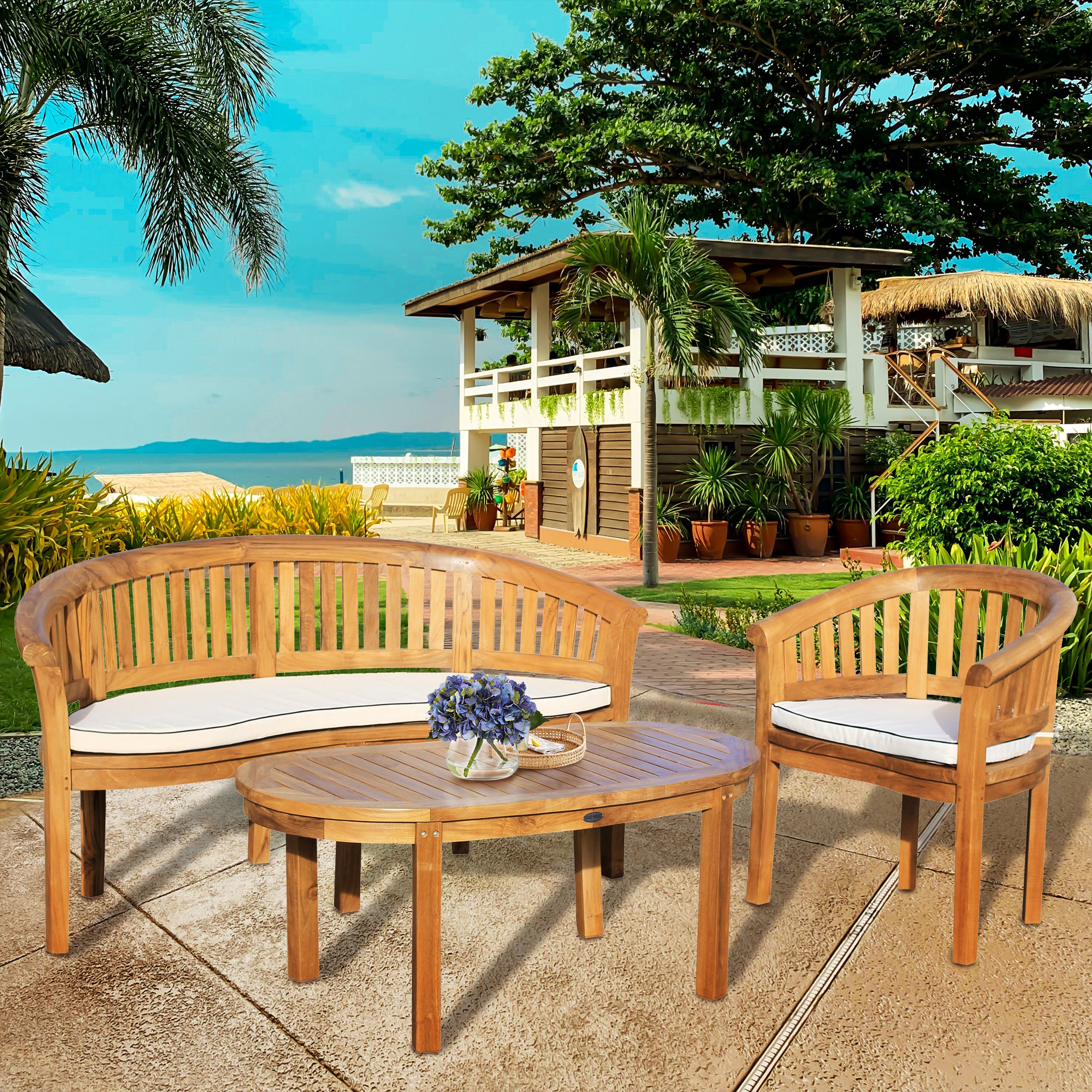 3 Piece Teak Wood Peanut Patio Lounge Set, Double Bench, Chair & Coffee Table - Chic Teak