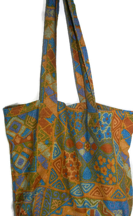 Fabric Grocery Bag Carry All Tote Bag Gold and turquoise - GlowGirl Fibers