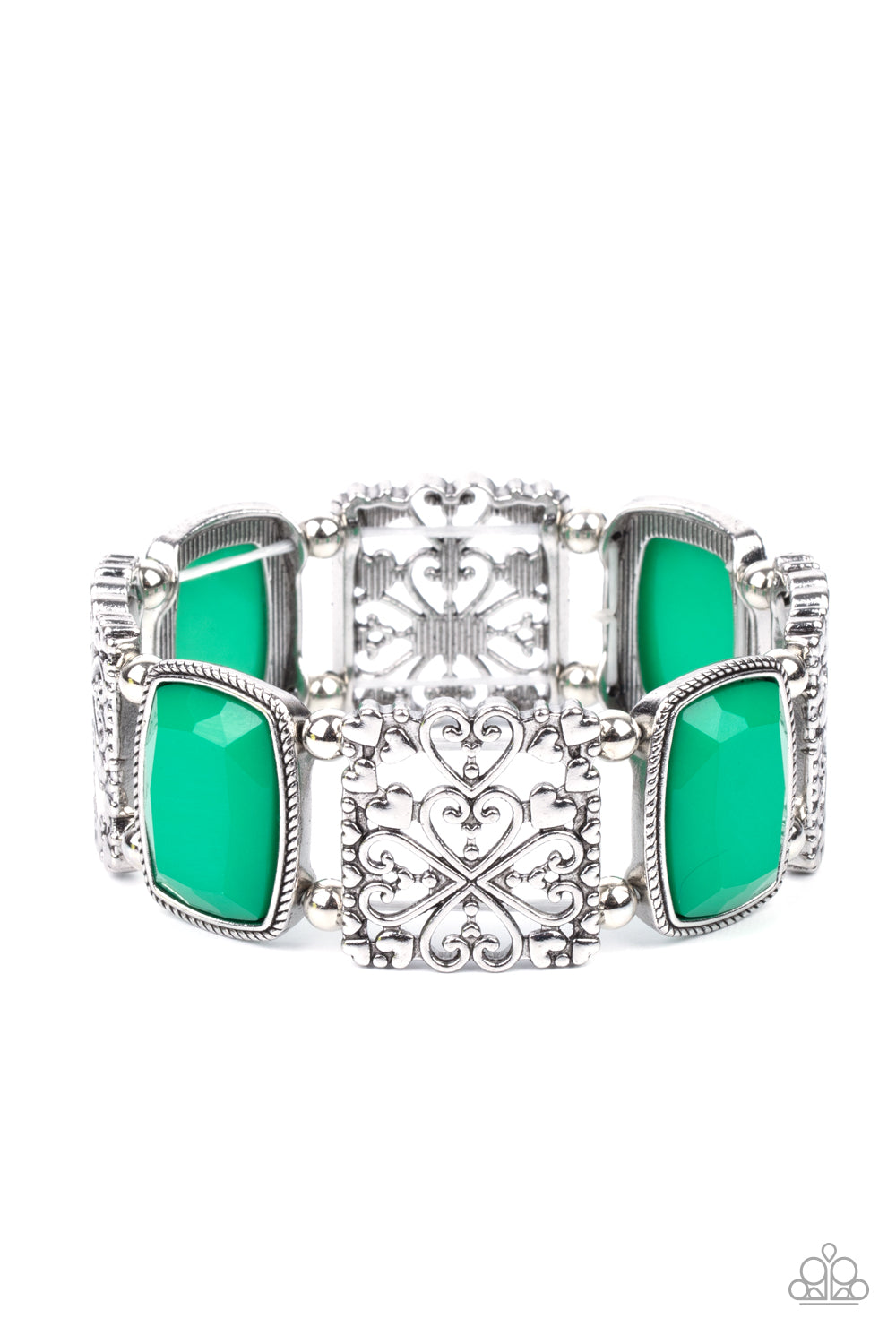 Infused with dainty silver heart accents, whimsically filled silver filigree frames and faceted Mint beads are threaded along stretchy bands around the wrist for a colorful flair.