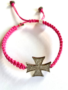 Hot Pink Adjustable Macrame Bracelet With Pave Diamond Cross Connector