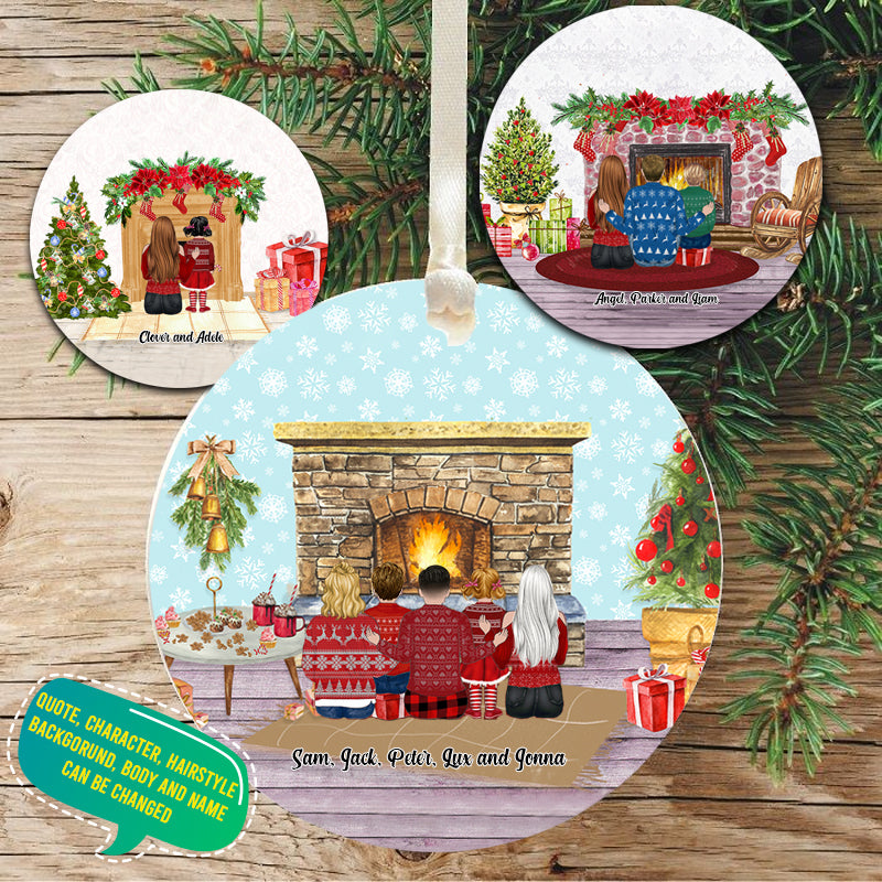 Personalized Circle Ornament,  Family By The Christmas Fireplace, Merry Christmas