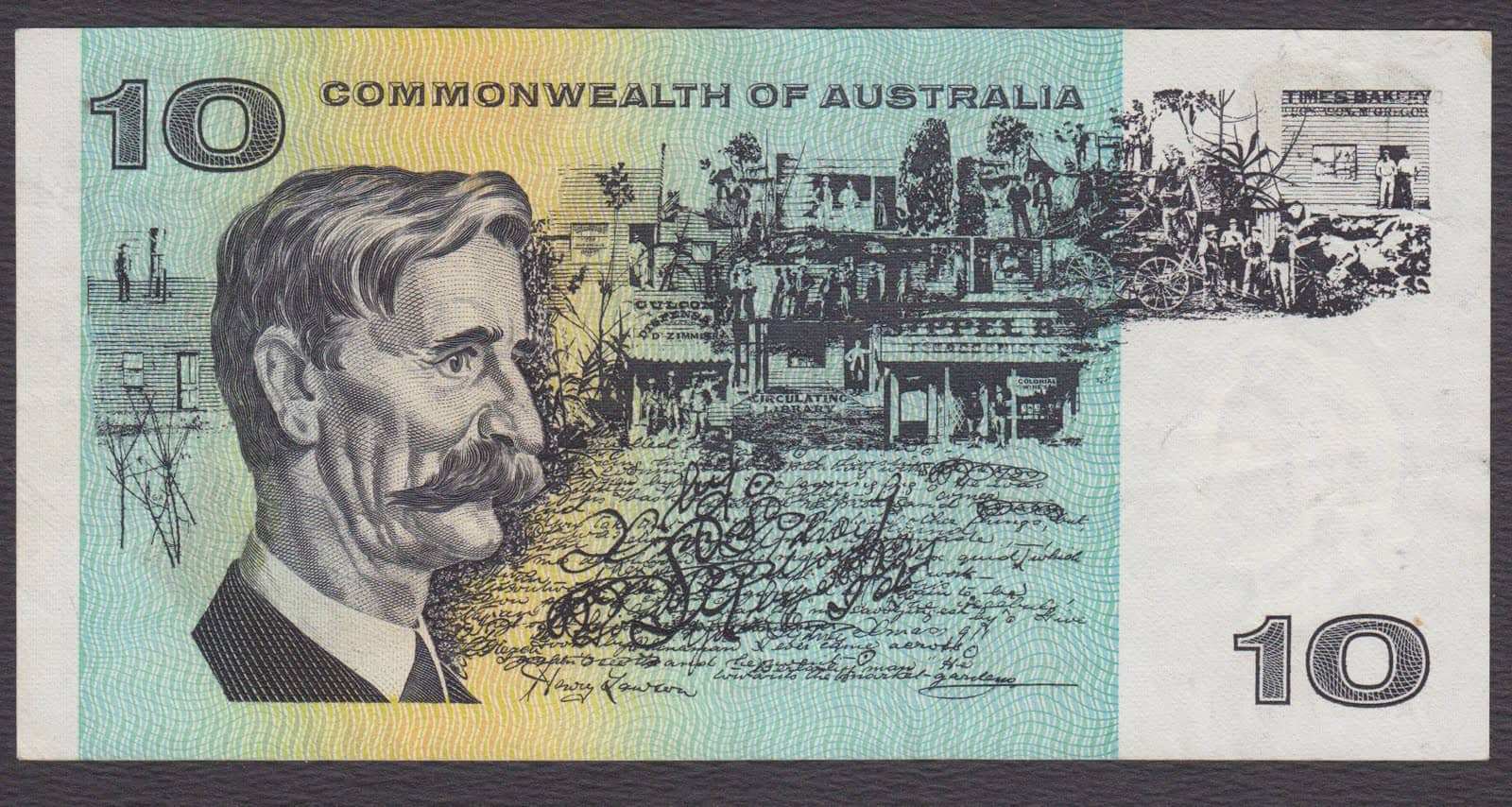 Australian $10 Note featuring Henry Lawson with the Gold Rush town of Gulgong as a backdrop