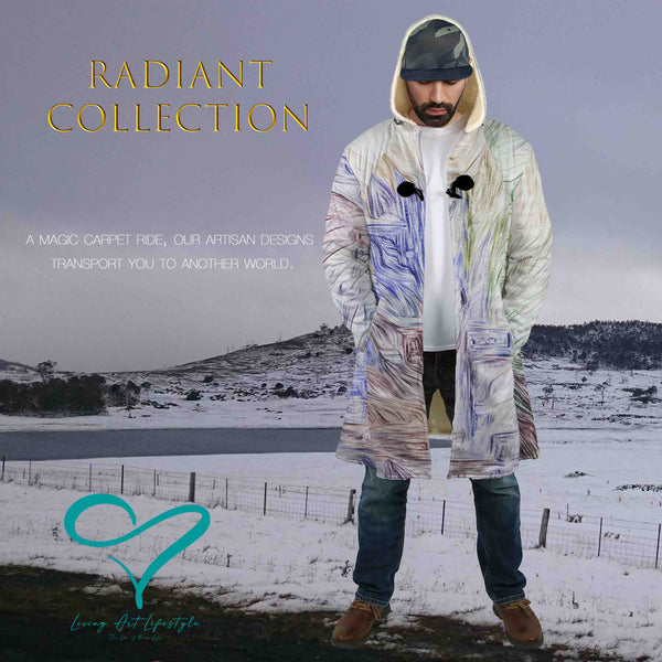 Radiant Collection Extruded 3D design, complex design and deep colours, mens winter fashion cloak, warm coat, designer fashion living art lifestyle Rainbow Coloured