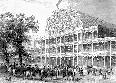 The front entrance of the Crystal Palace, Hyde Park, London that housed the Great Exhibition of 1851, the first World's Fair. https://en.wikipedia.org/wiki/File:Crystal_Palace.PNG